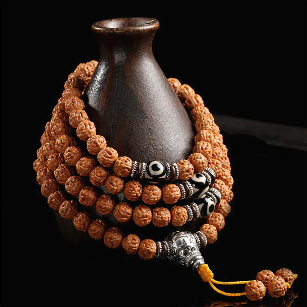 Natural Diamond Bodhi Beads & Three-Eyed Dzi Beads Mala Necklace - 108 Beads with Tibetan Silver & Coconut Shell