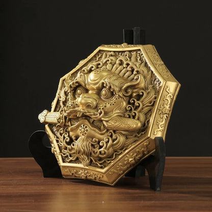 Lion Bite Sword Yellow Bronze Medal Bagua Mirror - Feng Shui Guardian Ornament