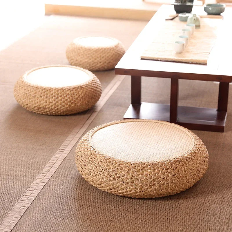 Japanese Tatami-Inspired Round Floor Cushion with USB Heating - Perfect for Meditation & Yoga