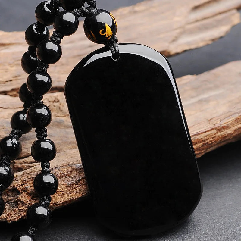 Natural Black Obsidian Chinese Safety Buckle Pendant Necklace – Feng Shui Protection Amulet for Luck and Good Fortune