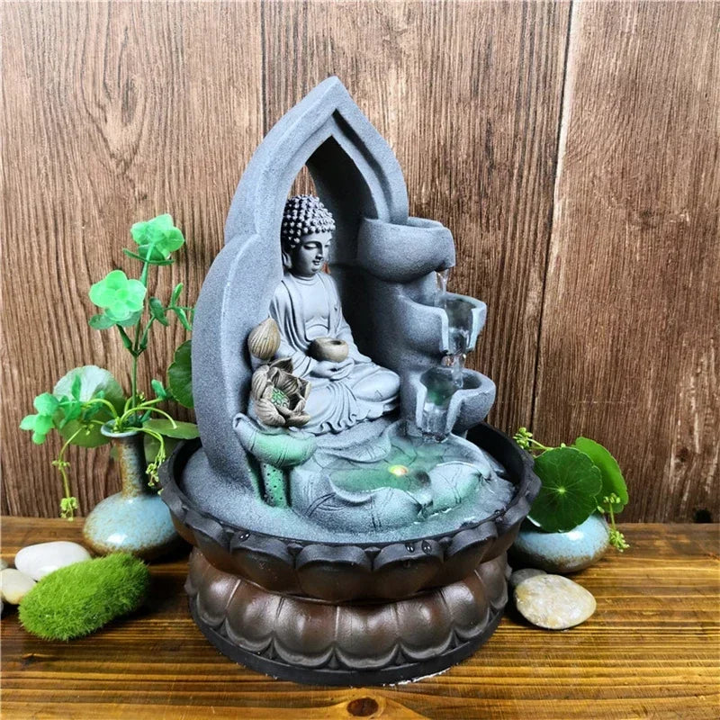 Indoor Air Humidifier Waterfall Fountain with LED Light & Feng Shui Buddha Statue