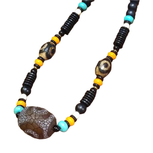 Natural Agate Three-Eyed Dzi Necklace with Dragon Scale Pattern - Adjustable Clavicle Chain