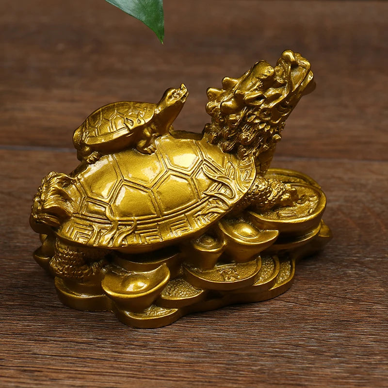 Brass Feng Shui Dragon Turtle Statue - Gold Prosperity Sculpture for Longevity and Success