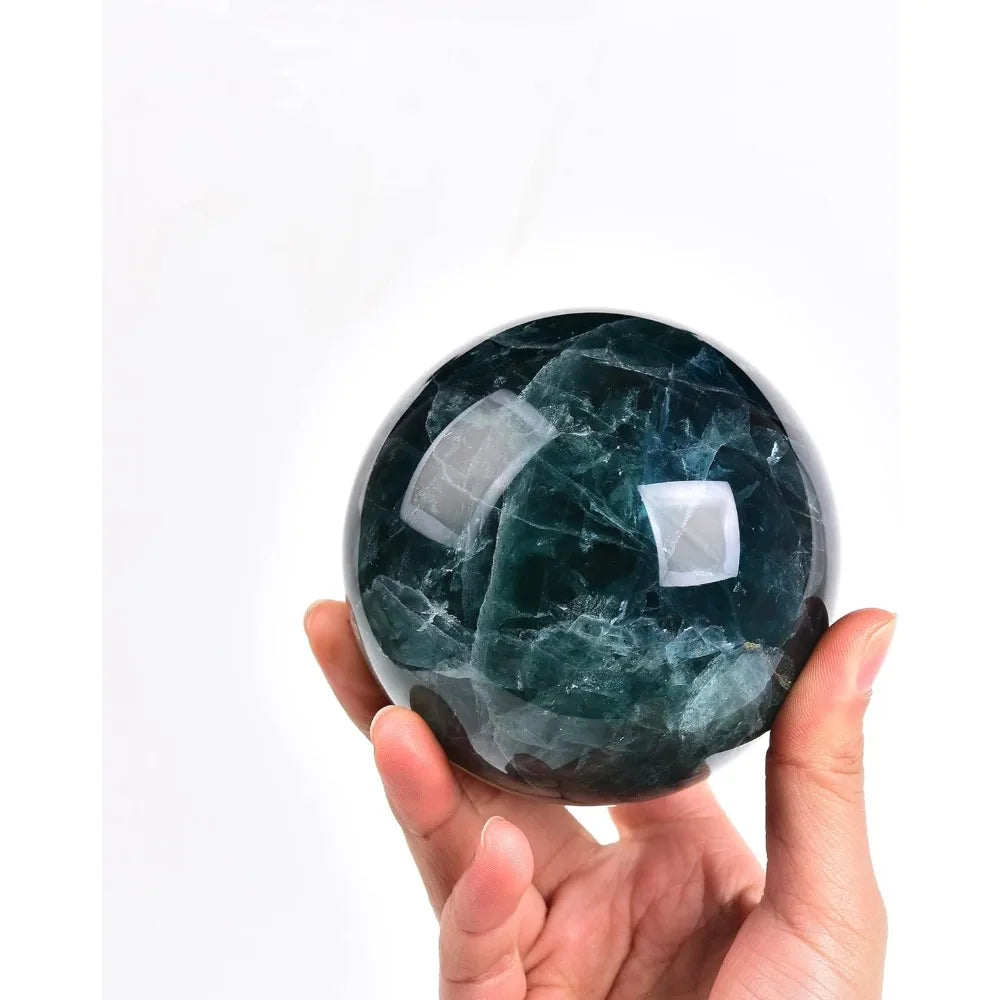 Natural Green Fluorite Crystal Sphere with Wooden Stand