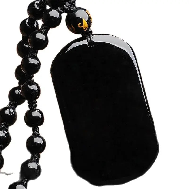 Natural Black Obsidian Chinese Safety Buckle Pendant Necklace – Feng Shui Protection Amulet for Luck and Good Fortune