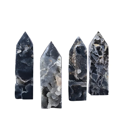 Natural Black Agate Point Wand – Healing Crystal Tower with Druzy Accents