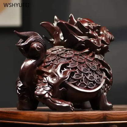 Black Sandalwood Carved Dragon Turtle Ornament - Feng Shui Home Decor