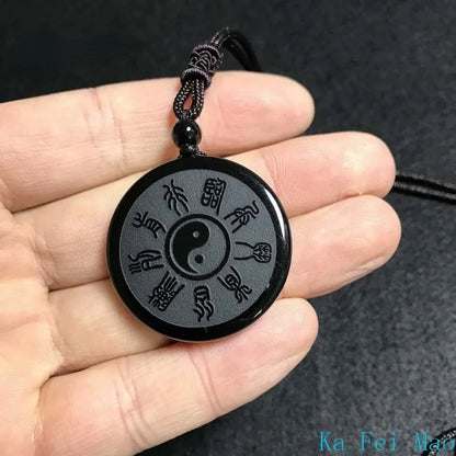 Obsidian Yin and Yang Taiji Bagua Pendant Necklace – Spiritual Amulet for Balance and Protection