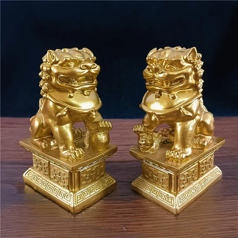 Handmade Resin Feng Shui Lion Statues – Pair for Home, Office, Garden Decoration, Good Luck & Prosperity