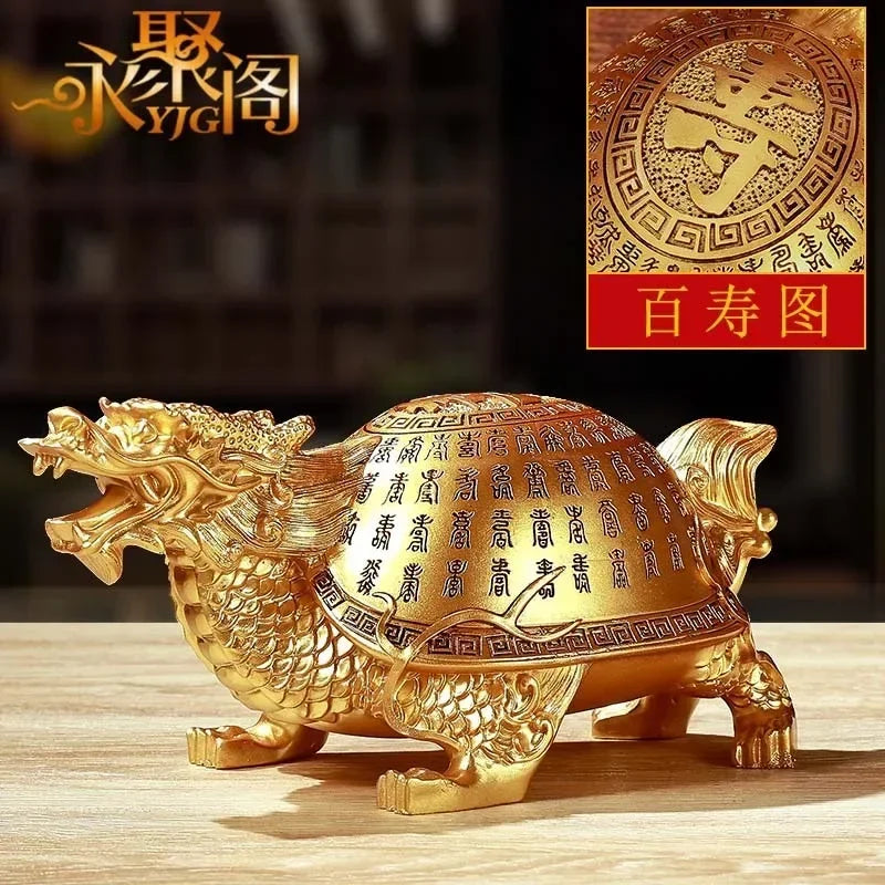 Golden Dragon Turtle Toad Figurine - Feng Shui Wealth Sculpture for Home Decor