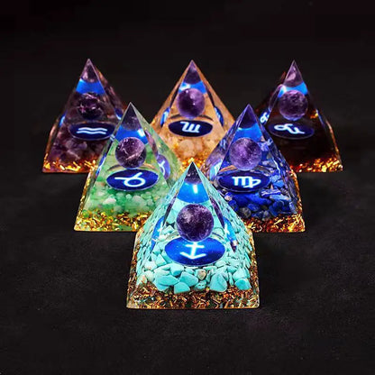 Energy Resin Zodiac Pyramid with Natural Amethyst – Healing & Spiritual Enhancement