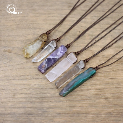 Natural Stone Slice Pendant Necklace - Quartz, Lapis Lazuli, Amethyst &amp; Amazonite