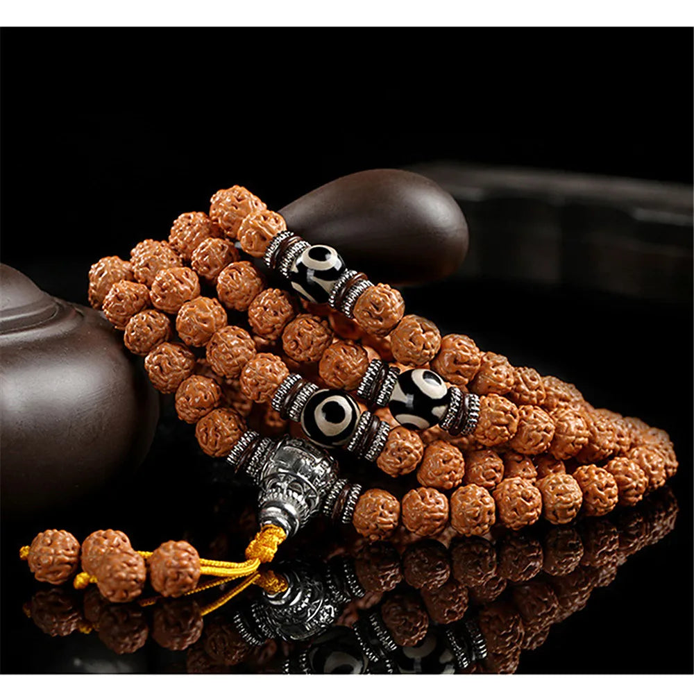 Natural Diamond Bodhi Beads & Three-Eyed Dzi Beads Mala Necklace - 108 Beads with Tibetan Silver & Coconut Shell