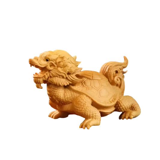 Hand-Carved Natural Cypress Solidwood Longevity Dragon Turtle Statue - Zen Decor for Home & Office