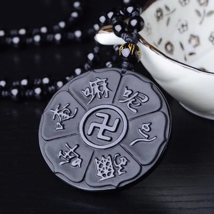 Natural Black Obsidian Mantra Pendant Necklace – Feng Shui Six Word Buddha Jewelry for Men and Women