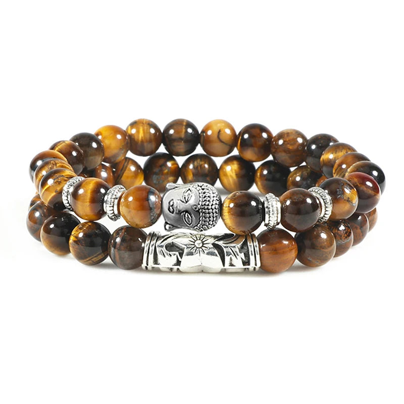 Buddha Head Bracelets - Natural Tiger Eye; Lava Stone for Balance and Healing