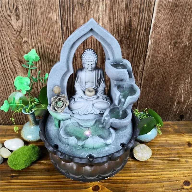 Indoor Air Humidifier Waterfall Fountain with LED Light & Feng Shui Buddha Statue