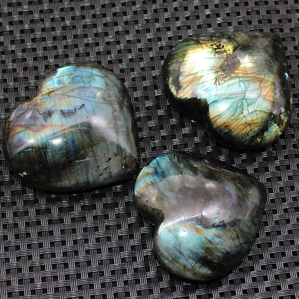 Heart-Shaped Labradorite and Rose Quartz Natural Crystal Stones – Love and Healing Decor