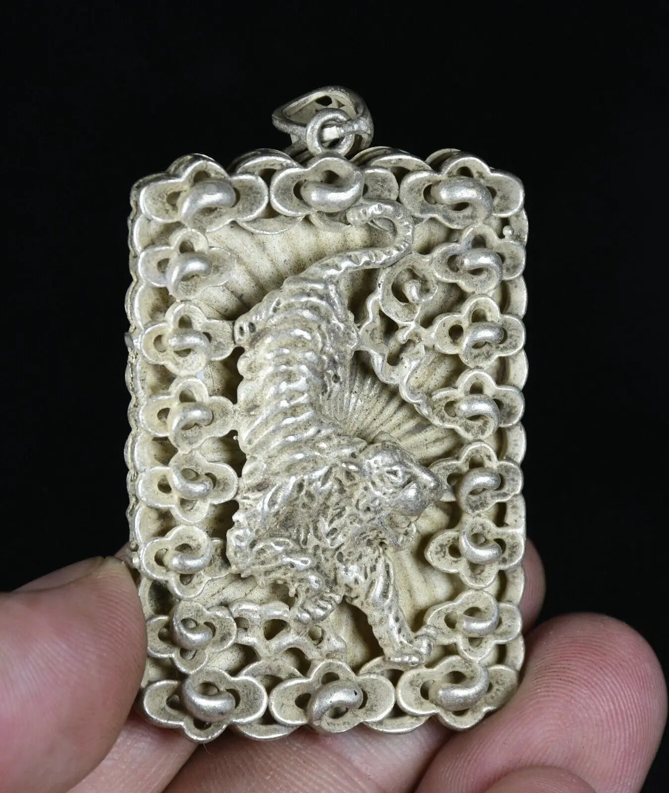 Rare Old Chinese Miao Silver Feng Shui Tiger Lucky Necklace Pendant