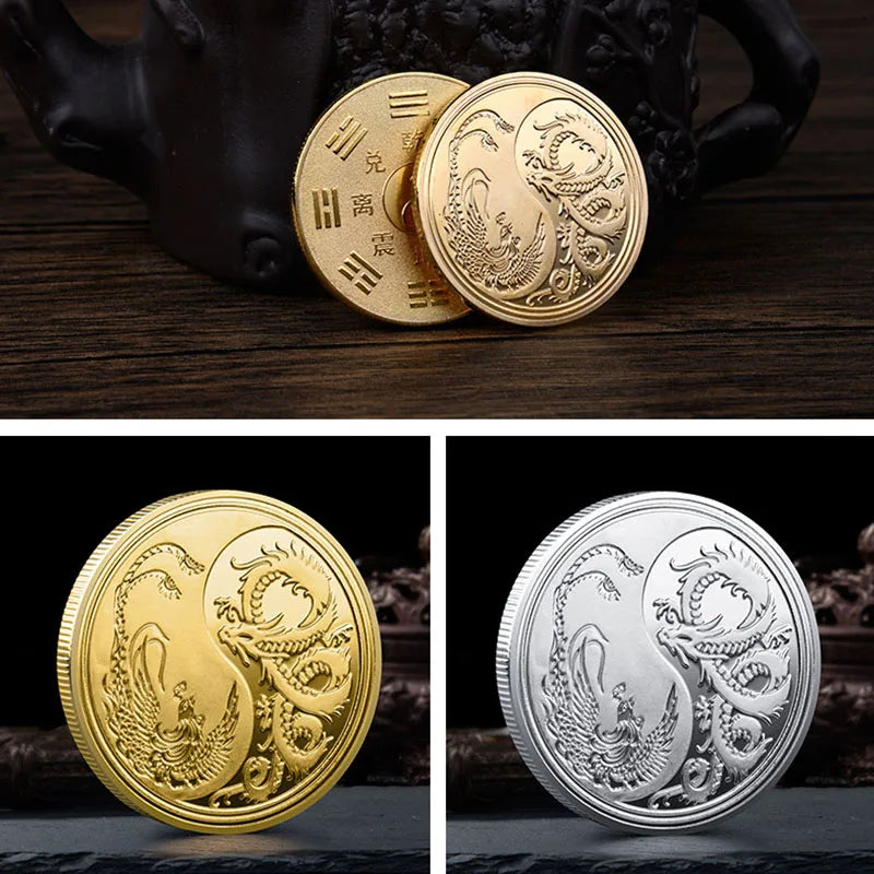 Chinese Tai Chi Lucky Coin - Feng Shui Dragon & Phoenix Symbol for Power, Prosperity, and Harmony