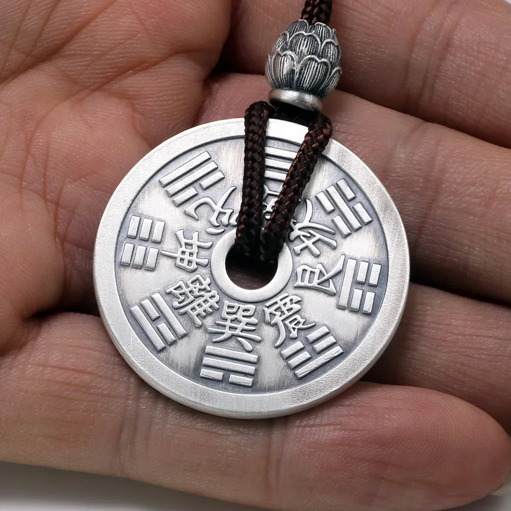 Sterling Silver Bagua Gossip Pendant Necklace – Unisex Feng Shui Amulet