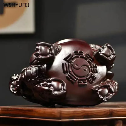 Black Sandalwood Carved Dragon Turtle Ornament - Feng Shui Home Decor