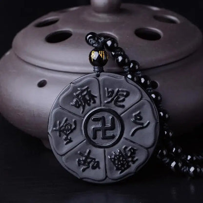 Natural Black Obsidian Mantra Pendant Necklace – Feng Shui Six Word Buddha Jewelry for Men and Women