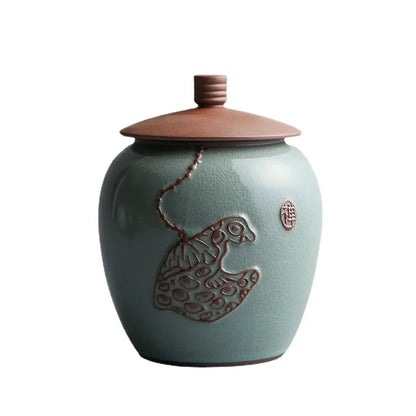 Hand-Carved Lotus Celadon Ashes Urn for Pets – Large Ceramic Cremation Urn for Dogs and Cats