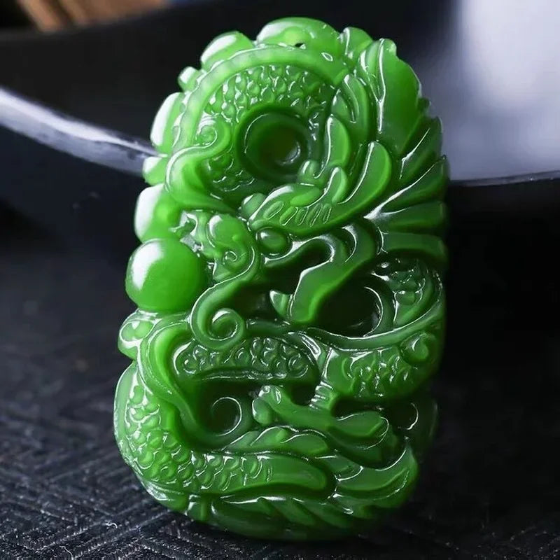 Natural Green Jade Dragon Pendant Necklace – Symbol of Power and Good Fortune