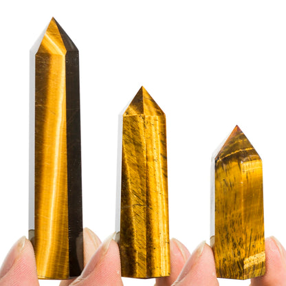 Natural Tiger Eye Crystal Wands – Polished Hexagonal Point Obelisks for Reiki Healing