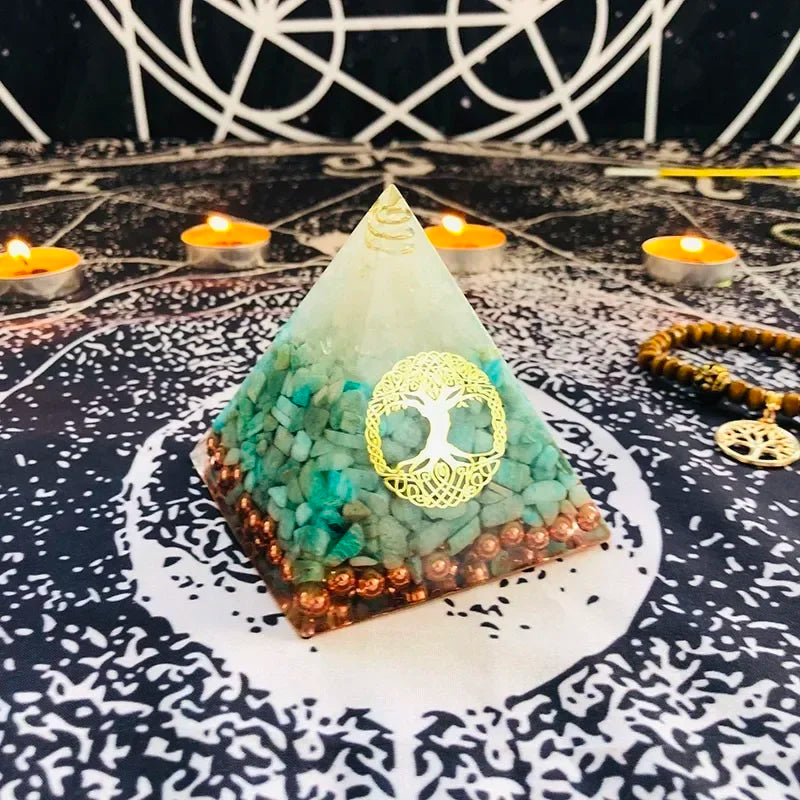 Orgonite Pyramid with Raziel Vishuddha Chakra and White Crystal