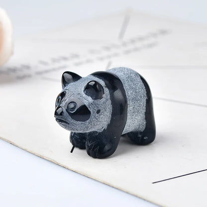 Natural Crystal Obsidian Panda Figurine - Feng Shui Home Decor
