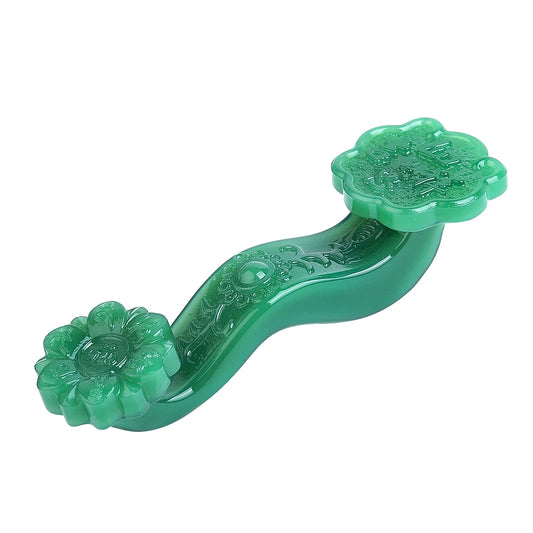 Chinoiserie Wealth Reiki Green Jade Ruyi Crystal Glass Ornament