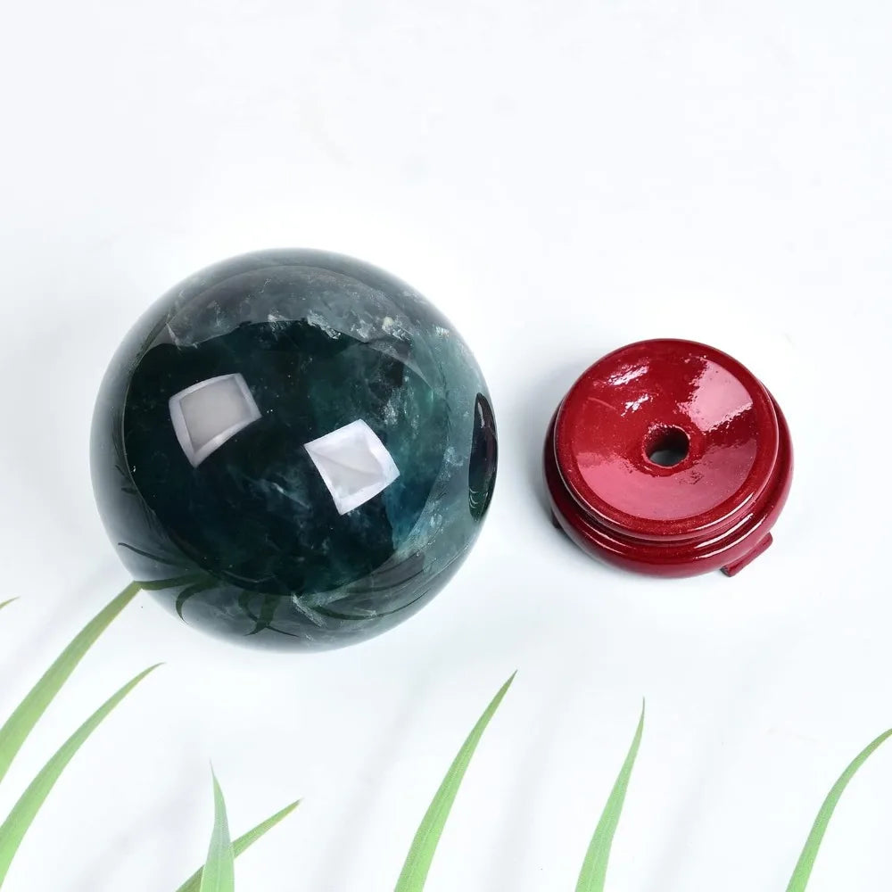 Natural Green Fluorite Crystal Sphere with Wooden Stand