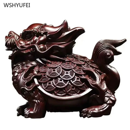 Black Sandalwood Carved Dragon Turtle Ornament - Feng Shui Home Decor