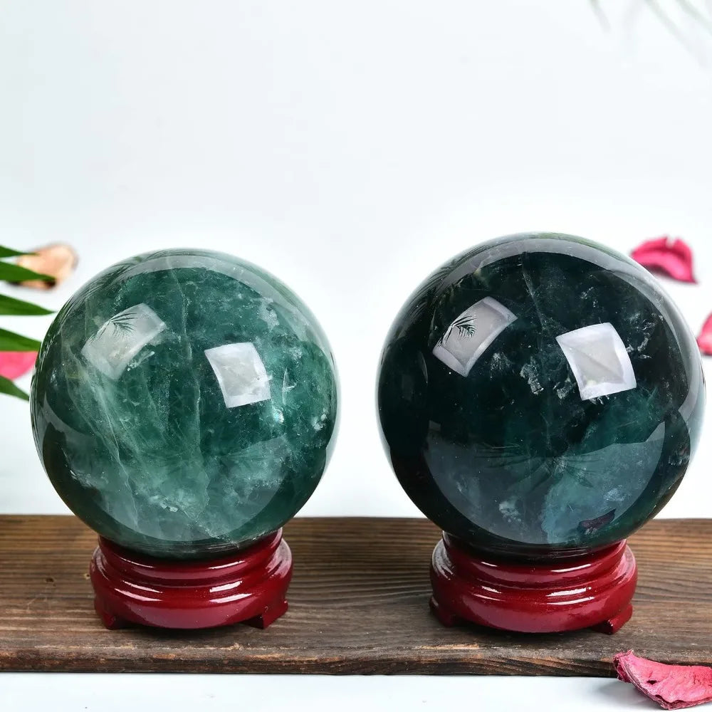 Natural Green Fluorite Crystal Sphere with Wooden Stand