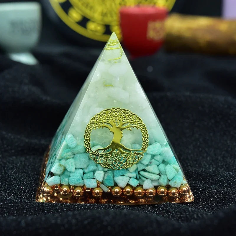 Orgonite Pyramid with Raziel Vishuddha Chakra and White Crystal