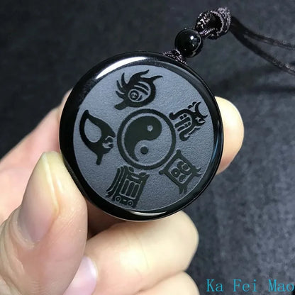 Obsidian Yin and Yang Taiji Bagua Pendant Necklace – Spiritual Amulet for Balance and Protection