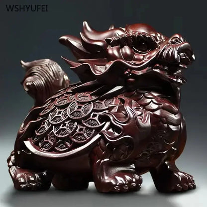 Black Sandalwood Carved Dragon Turtle Ornament - Feng Shui Home Decor