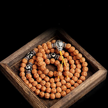 Natural Diamond Bodhi Beads & Three-Eyed Dzi Beads Mala Necklace - 108 Beads with Tibetan Silver & Coconut Shell