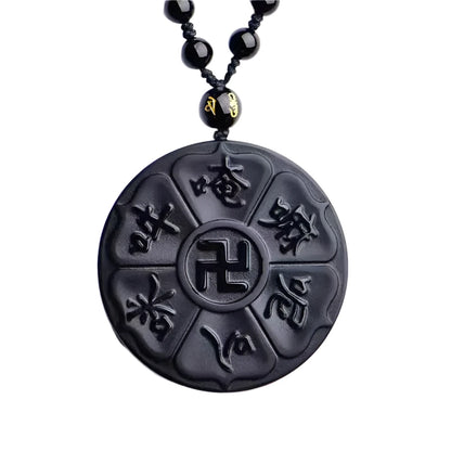 Natural Black Obsidian Mantra Pendant Necklace – Feng Shui Six Word Buddha Jewelry for Men and Women